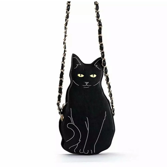 Black cat kitty crossbody purse gold chain kitten - Picture 9 of 13